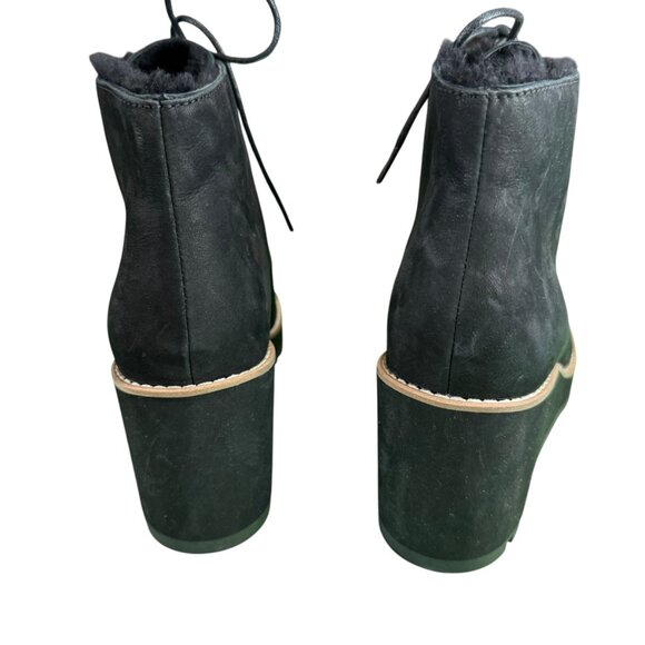 Eileen Fisher Black Suede Wedge Boots Size 10 | Shearling Lined Lace-Up Platform - Picture 8 of 9